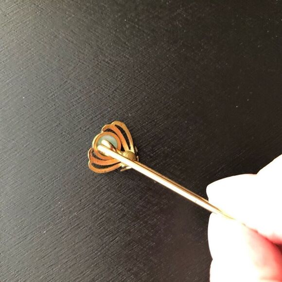 ANTIQUE - 🎉HP🎉 Brass? & Tiger Eye Art Nouveau Bar Pin/Collar Bar/Kilt Pin - Picture 7 of 10